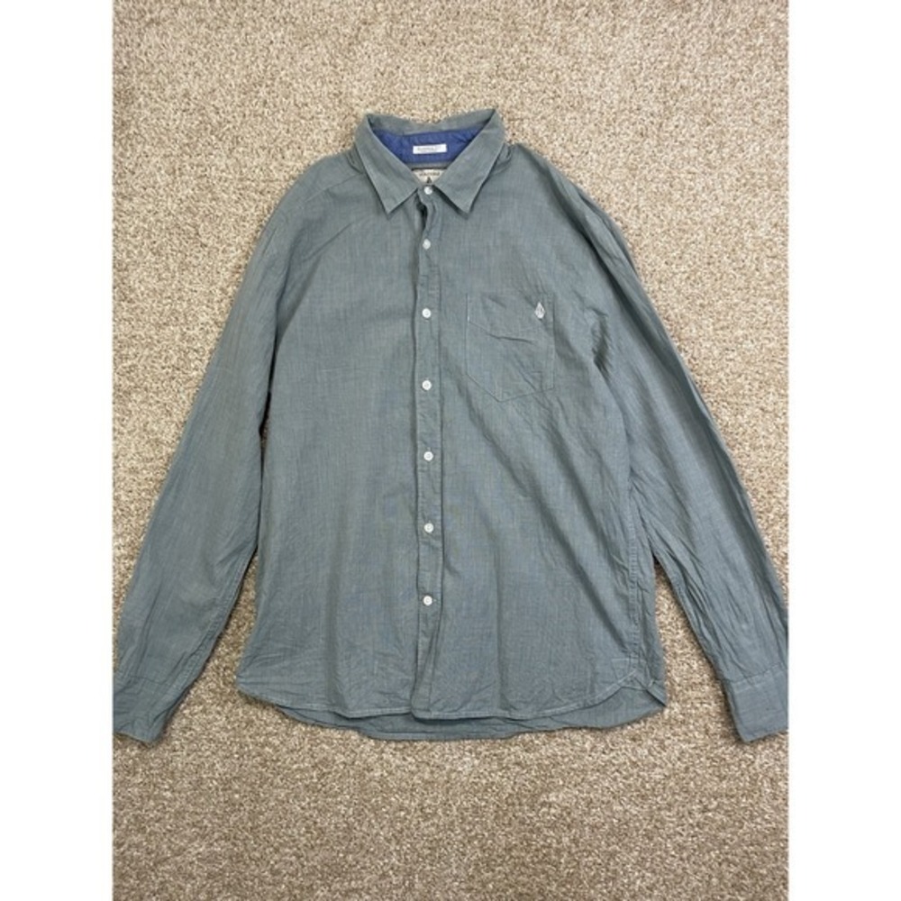 Volcom Modern Fit Long Sleeve Button Down Collared Shirt Green Mens Size Médium